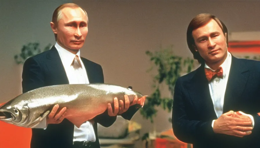 Image similar to 7 0 s movie still of putin in teleshopping show, proudly holding a salmon. cinestill 8 0 0 t _ 3 5 mm eastmancolor, heavy grain, high quality, high detail