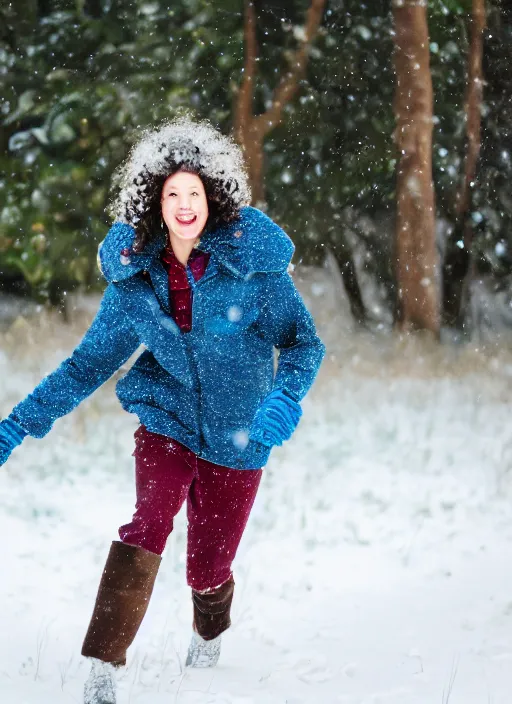 Prompt: a photo of 4 0 year old woman with short wavy curly light brown hair and blue eyes wearing colorful winter clothes is running in a snowy field. 3 5 mm. front view, corrected faces