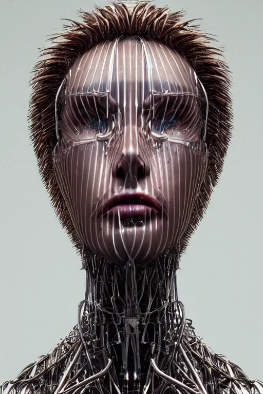 Prompt: organic cyborg head wrapped in barb wire by Hajime Sorayama and Jamie Coreth, trending on artstation, centered, symmetrical, cinematic lighting, electric hair, bilateral symmetry, 80s poster, polished, thick smoke, retro dark vintage sci-fi, 2D matte illustration