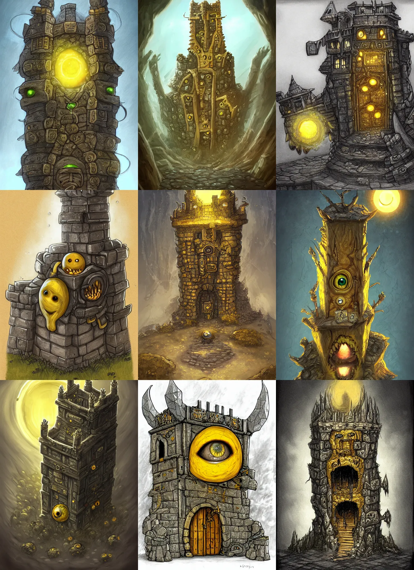 Prompt: a drawing of a mimic tower, large yellow eyeball, large gate, teeth, a storybook illustration by kaja foglio, artstation, fantasy art, storybook illustration, artstation hq, 2 d game art