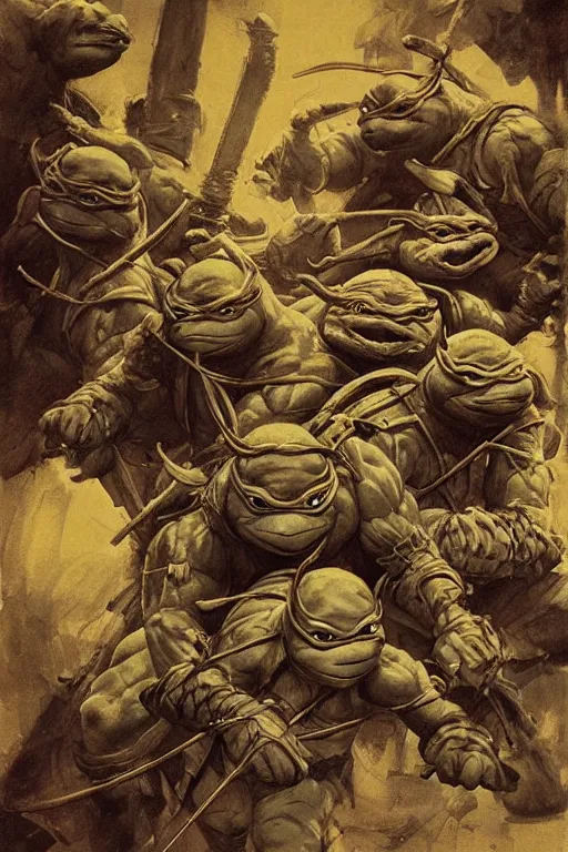 Image similar to portrait of a ninja turtles across the ages , frazetta themed, in style of Valentin Serov, in style of Ruan Jia, insanely detailed and intricate, golden ratio, elegant, ornate, luxury, elite, matte painting, cinematic, cgsociety, James jean, Brian froud, ross tran, Laputa