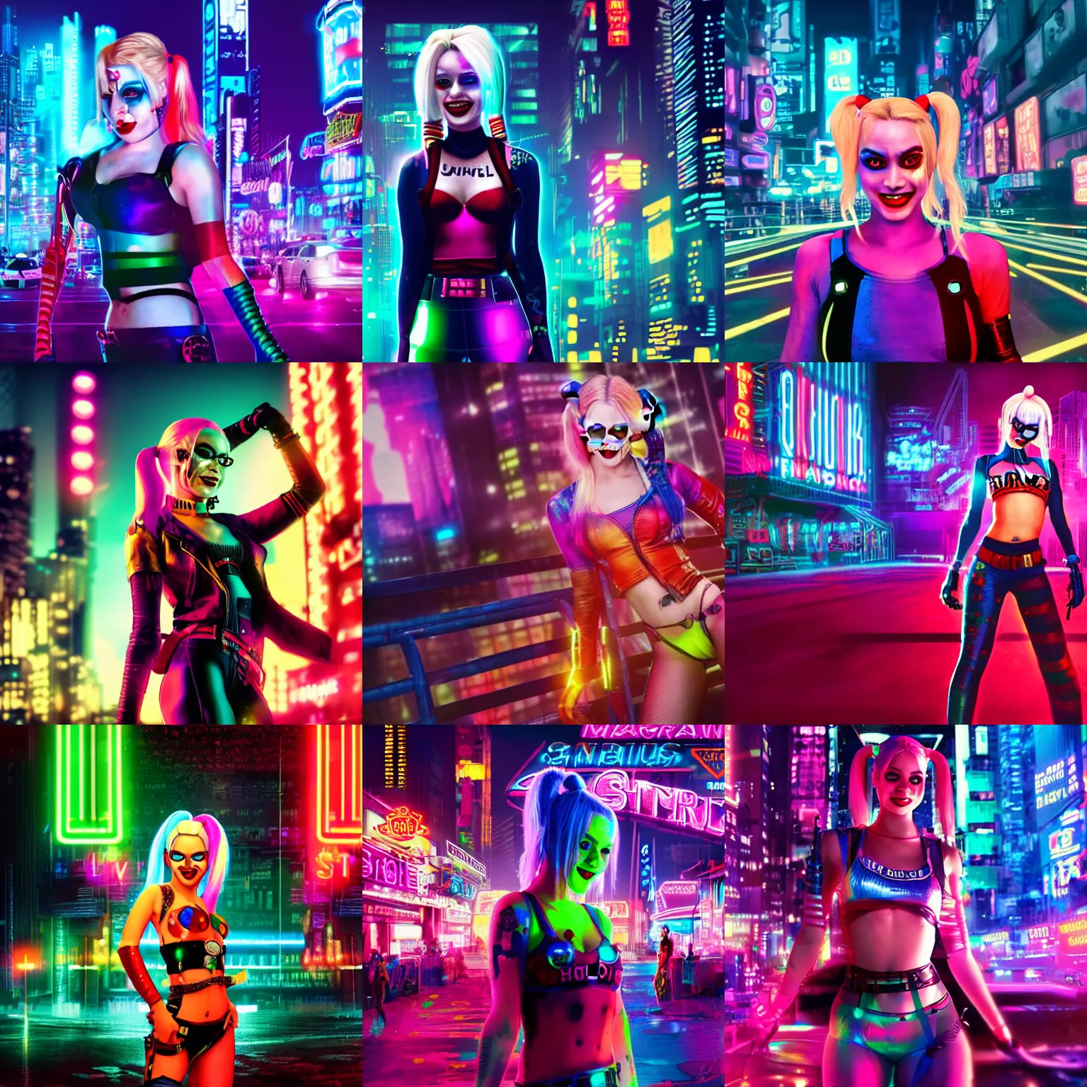 Prompt: harley quinn film still of her standing, smiling, cyberpunk setting, beautiful cityscape background, neon signs, vibrant colors, holograms, 4k, digital art
