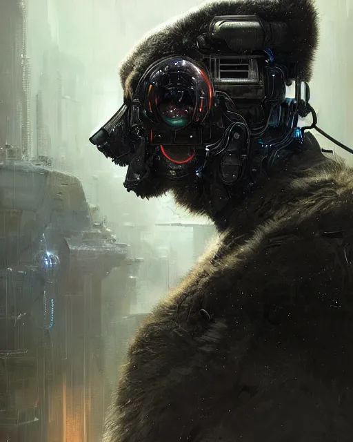 Prompt: a bear half covered face with cybernetic enhancements as seen from a distance, scifi character portrait by greg rutkowski, esuthio, craig mullins, 1 / 4 headshot, cinematic lighting, dystopian scifi gear, gloomy, profile picture, mechanical, half robot, implants, solarpunk