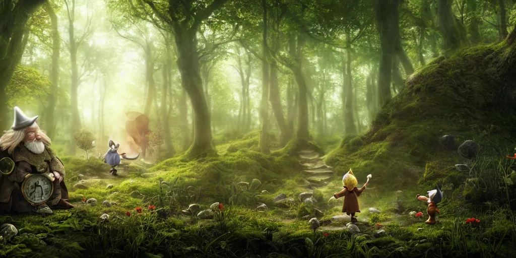 Image similar to bilbo baggins running into the white rabbit in a clearing in the middle of an enchanted forest, steampunk illustration, photorealistic color drawing, toadstools and fairies, gnomes and giants in the distance, 8 k resolution, octane render, dramatic lighting, cinematic angle,