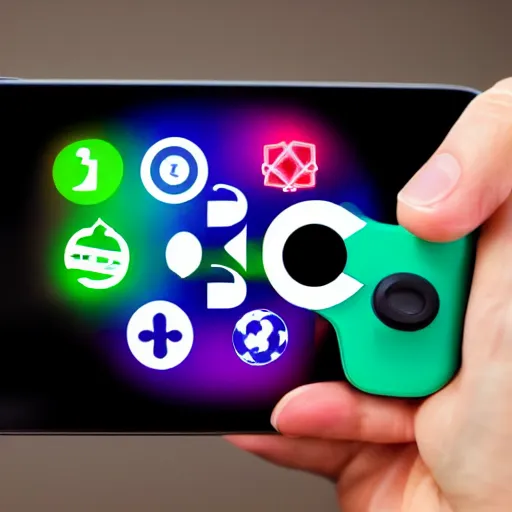 Image similar to a logo with a controller and a smart phone called game and app development