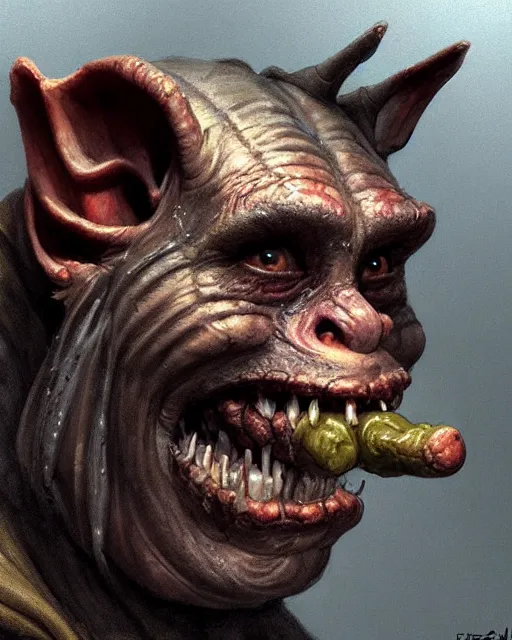 Image similar to closeup profile face portrait of a medieval goblin eating cakes in the cathedral, beautiful face, hyper realistic, highly detailed, digital painting, artstation, illustration, concept art by hyung tae, frank frazetta, bosch, giger, digital paint, matte paint, washed colors, dark, gloomy, detailed and intricate environment