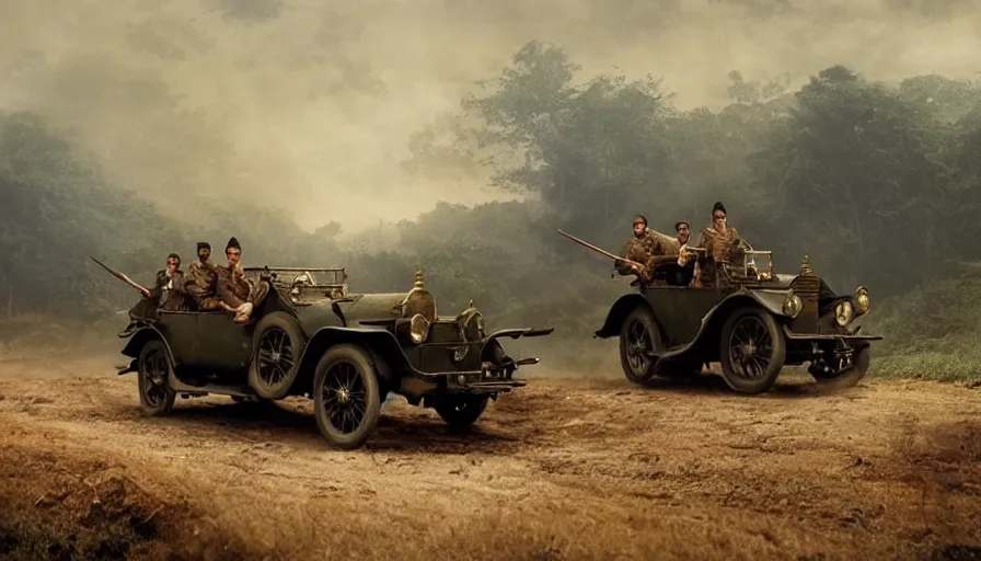 Prompt: british army driving a car in 1921 in kerala forest road, tribe members attacking, action scene, an epic fantasy, dramatic lighting, cinematic, establishing shot, extremely high detail, photorealistic, cinematic lighting, artstation, matte painting by christopher nolan, horizon forbidden west