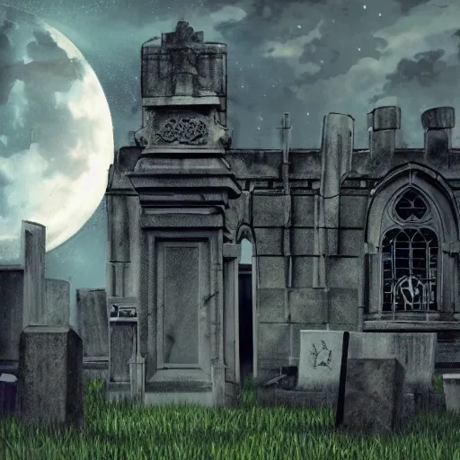 Prompt: anime hd, anime, 2 0 1 9 anime, ghost children, children born as ghosts, london cemetery, albion, london architecture, buildings, gloomy lighting, moon in the sky, gravestones, creepy smiles