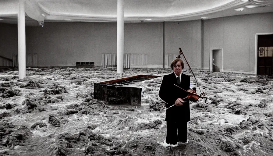 Image similar to 7 0 s movie still of an old violonist standing in a soviet ballroom flooded in mud, cinestill 8 0 0 t 3 5 mm eastmancolor, heavy grain, high quality, high detail