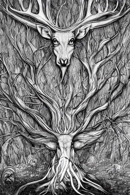 Prompt: silver deer transforming into a tree, in the style of Greg Broadmore and Arthur Rackham and Moebius,trending on artstation, light lighting side view,digital art,surrealism ,macro,blueprint ,vaporwave ,