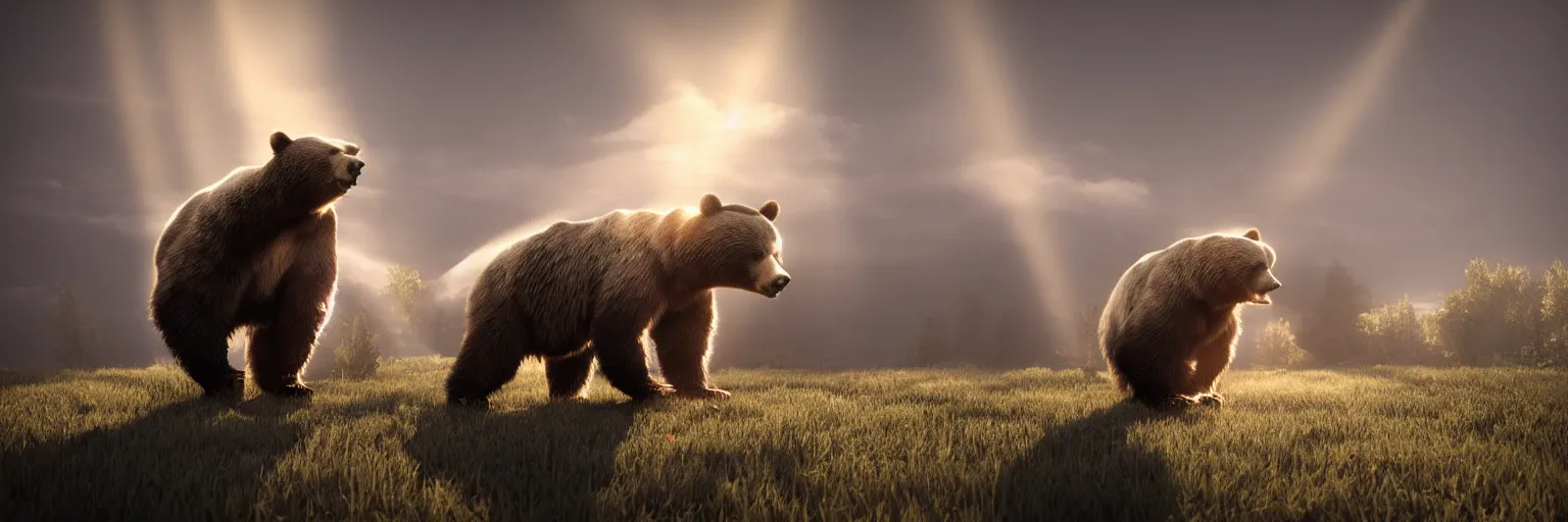 Image similar to an old woman fighting a bear, octane render, crepuscular rays