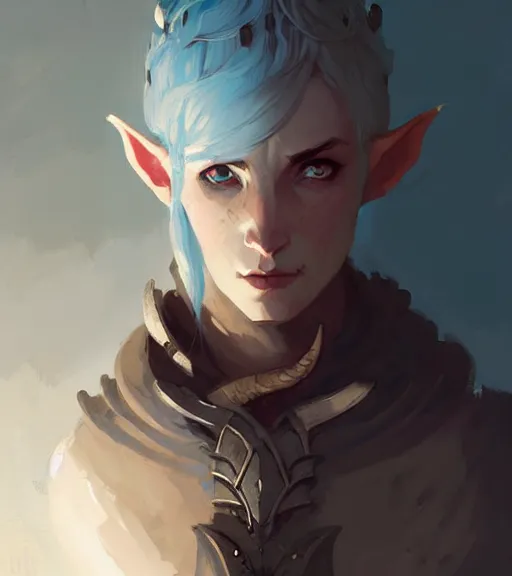 Prompt: portrait of a elven warrior ( dragon age ) by atey ghailan, by greg rutkowski, by greg tocchini, by james gilleard, by joe fenton, by kaethe butcher, dynamic lighting, gradient light blue, brown, blonde cream and white color scheme, grunge aesthetic