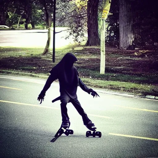 Image similar to “ grim reaper on roller blades. action shot. 4 k photo ”