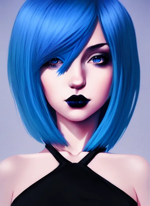 Image similar to hyper realistic photograph portrait of pretty girl with blue hair, wearing a little black dress, dramatic lighting by ilya kuvshinov