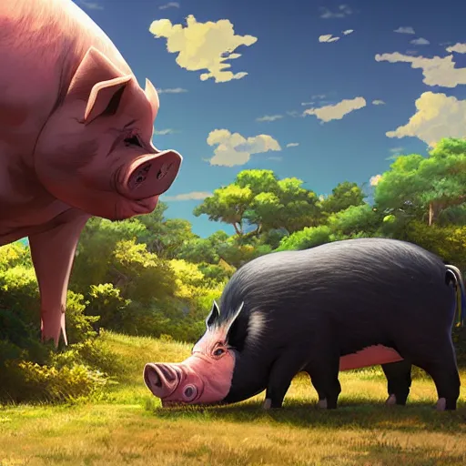 Image similar to giant pig eating everybody, highly detailed, 4k resolution, lighting, anime scenery by Makoto shinkai