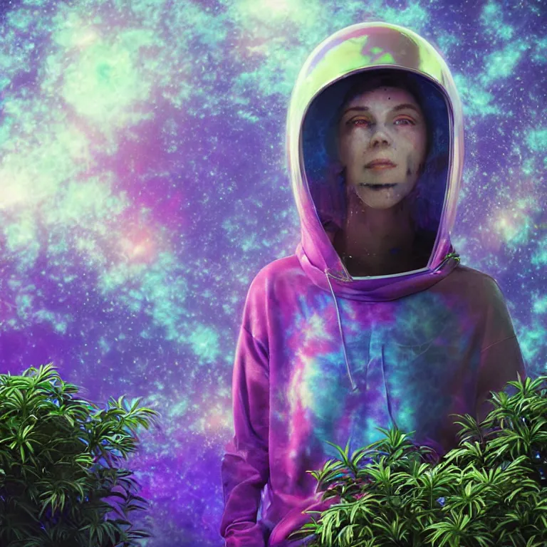 Image similar to octane render portrait by wayne barlow and carlo crivelli and glenn fabry, subject is a woman covered in tie - dye hoodie with iridescent metallic space helmet, surrounded by alien plants, cinema 4 d, ray traced lighting, very short depth of field, bokeh