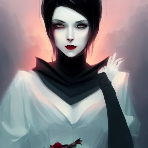 Prompt: a portrait of a very beautiful vampire woman with black hair and pale skin, red eyes, wearing a black cloak, nightime village background, dramatic lighting, 4k resolution, illustration, high quality, highly detailed, charlie bowater, lois van baarle, ilya kuvshinov, rossdraws, artstation