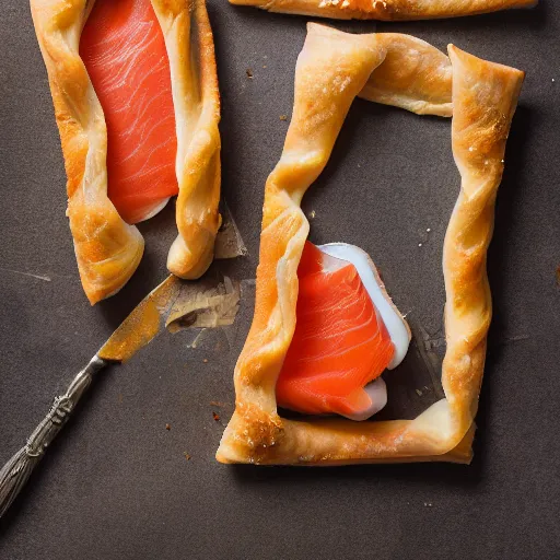 Image similar to thin pastry cases stuffed with smoked salmon and scallop, 8 k resolution, food photography, studio lighting, sharp focus, hyper - detailed