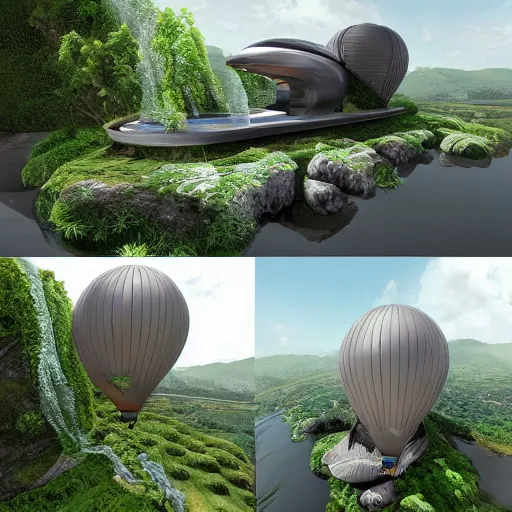 Prompt: futuristic hot air balloon house, ultra realistic, intricate details, highly detailed, photorealistic, 8 k, vegetation, water