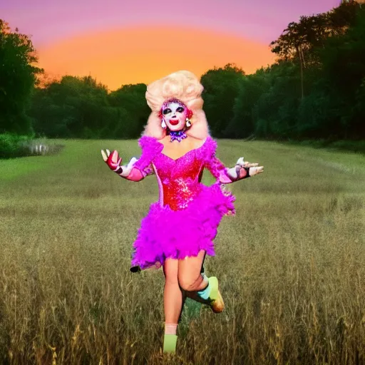 Image similar to the drag queen Trixie Mattel running through a field at sunset, fine art, 8k,
