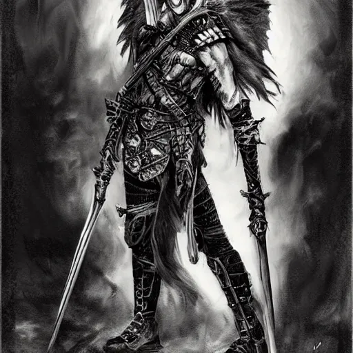 Image similar to portrait of a skinny punk goth warrior wearing armor by frank fazetta, fantasy, barbarian, hardcore