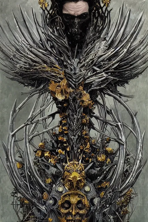 Image similar to The Knight of Bones by Karol Bak, Jean Deville, Gustav Klimt, and Vincent Van Gogh, portrait of a handsome vampire knight in armor, piercing grey eyes, ornate armor covered in thorns, bat wings, ornate dramatic bat wing helmet, hair made of shimmering ghosts, mystic eye, otherworldly, crown made of bones, catacombs, ornate jeweled crown, skulls, fractal structures, arcane, inscribed runes, infernal relics, ornate gilded medieval icon, third eye, spirals