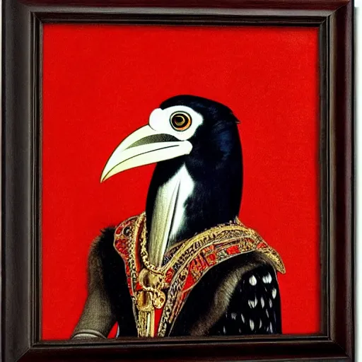 Image similar to a highly detailed portrait of a raven, wearing elegant tudor clothes, inside a room with thick red tapestries, by hans holbein and alessandro allori