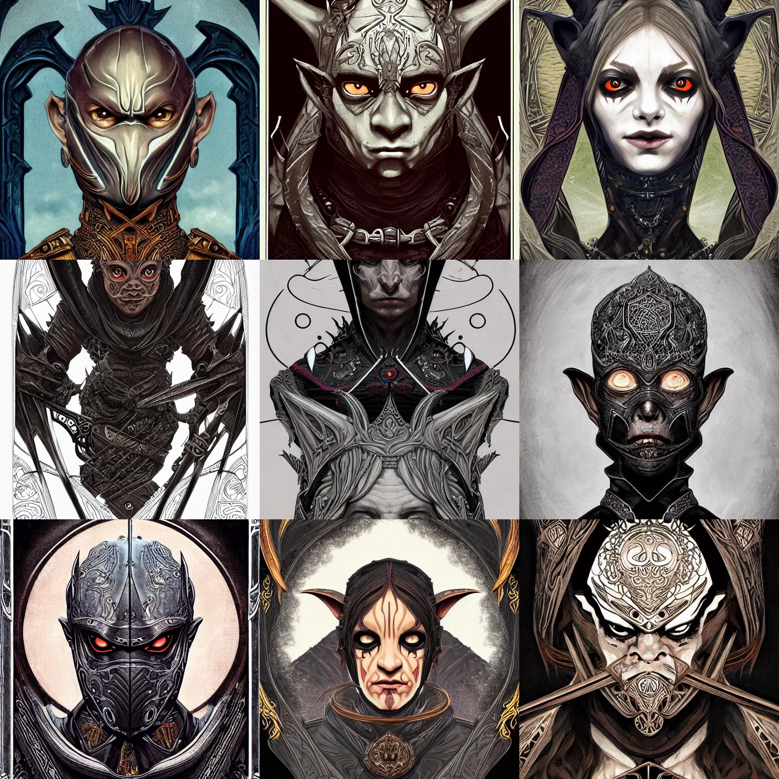 Prompt: head-on symmetrical centered painted portrait, D&D goblin assassin, black leather armour, art nouveau, tarot card style, complex tarot card background, fantasy, intricate, elegant, highly detailed, smooth, sharp focus, illustration, artstation, in the style of Artgerm and Anna Podedworna and Alex Ross and Mucha