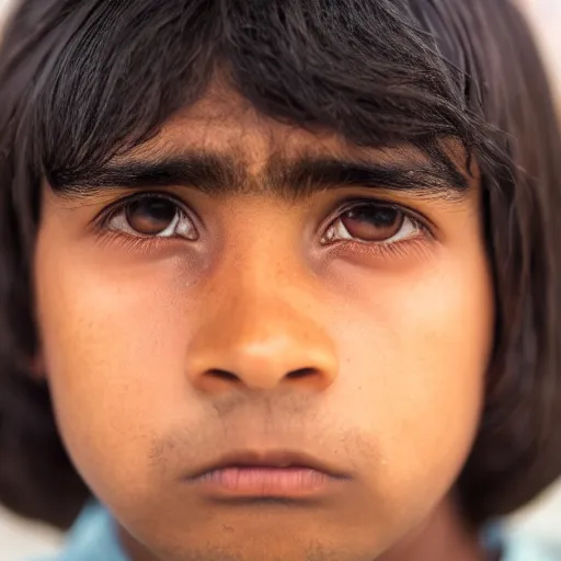 Prompt: portrait of a boy from Bangladesh, bowl cut, dark hair, brown skin, medium beard, stressed, a sense of confusion, very detailled face