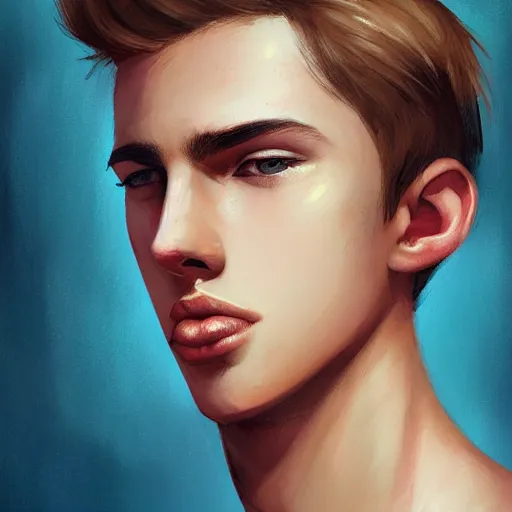 Prompt: colorful Captivating teenage boy with brown blond short quiff hair and thin slightly round facial structure with cleft chin, scruffy beard,bumpy nose, good definition of cheekbones, Alert brown eyes, narrow face, slim body, atmospheric lighting, painted, intricate, 4k, highly detailed by Charlie Bowater