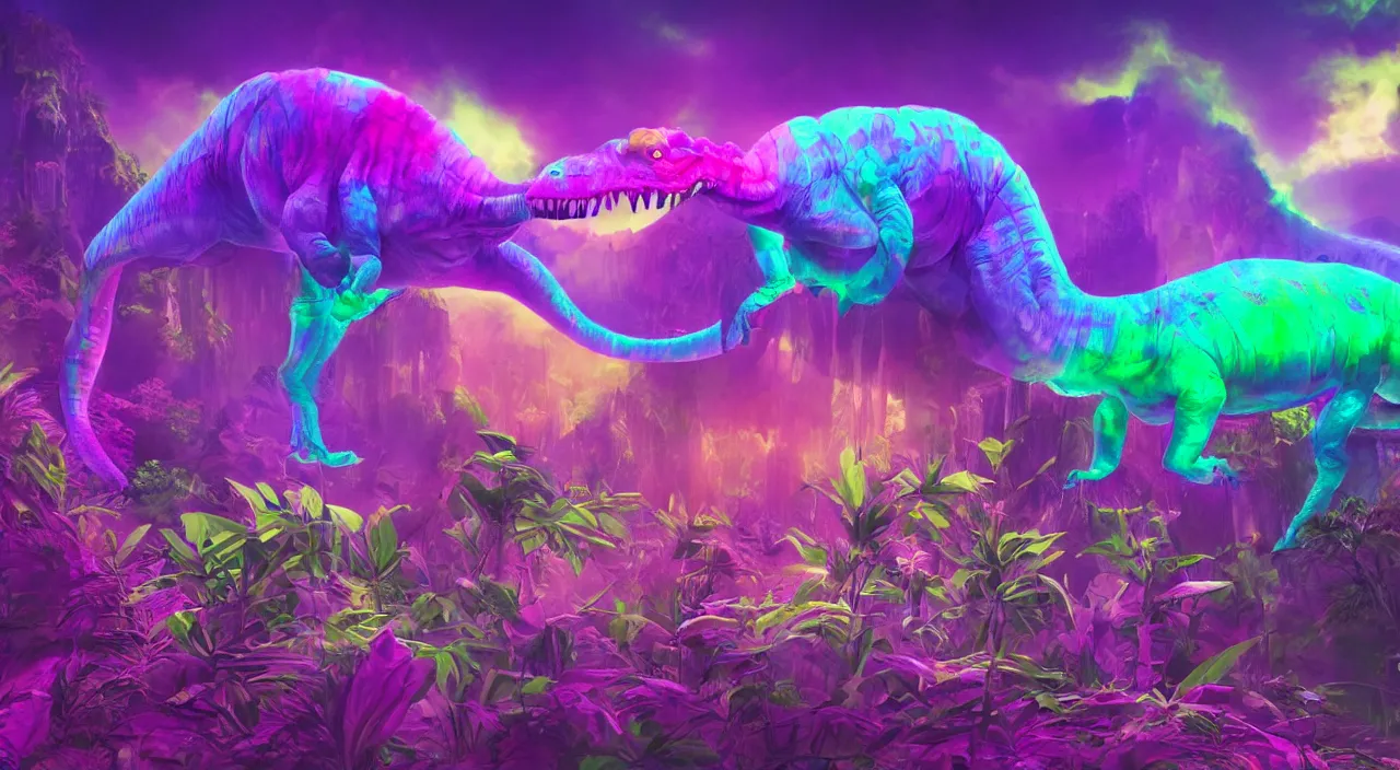 Image similar to spectral purple neon dinosaur, spectral neon pink dinosaur, spectral yellow neon dinosaur, green jungle background, detailed, ultrawide landscape