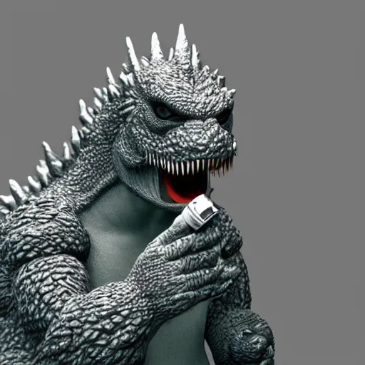 Image similar to anthropomorphic godzilla smoking cigarette, vray