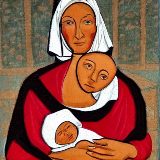 Image similar to 80 year old sentimental Mediterranean skinned woman in ancient Canaanite clothing holding a newborn baby, in the style of Corporate Memphis Alegria style