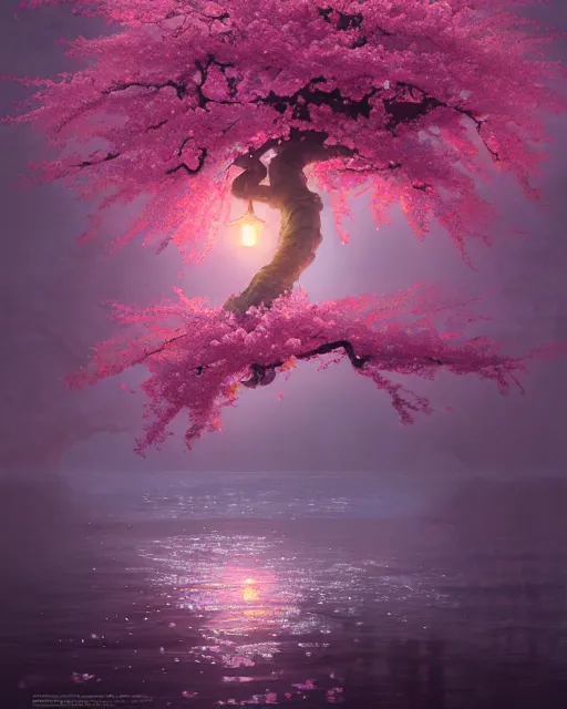 Prompt: one singular matte painting of a wet bioluminescent cherry blossom tree, highly detailed, digital painting, cinematic, hyper realism, dark retrowave, art by stanley lau and artgem and magali villeneuve and alphonse mucha, artstation, octane renderer, cgsociety