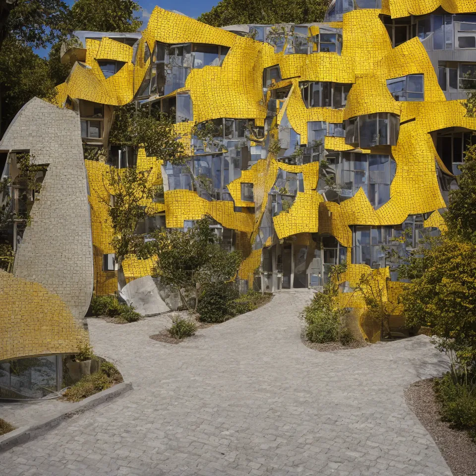 Image similar to a flat house, designed by Frank Gehry. Tiles. Gravel pathway with parking. Film grain, cinematic, yellow hue