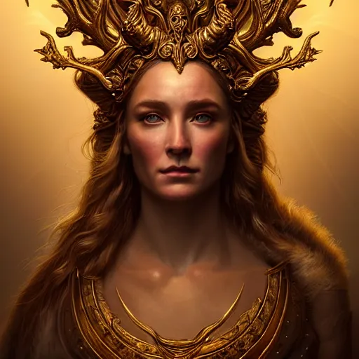 Image similar to majestic gracious regal deity artemis portrait, ancient greece, goddess of the hunt, the wilderness setting, atmospheric lighting, painted, intricate, volumetric lighting, beautiful, rich deep colours masterpiece, golden hour, sharp focus, ultra detailed, by leesha hannigan, ross tran, thierry doizon, kai carpenter, ignacio fernandez rios