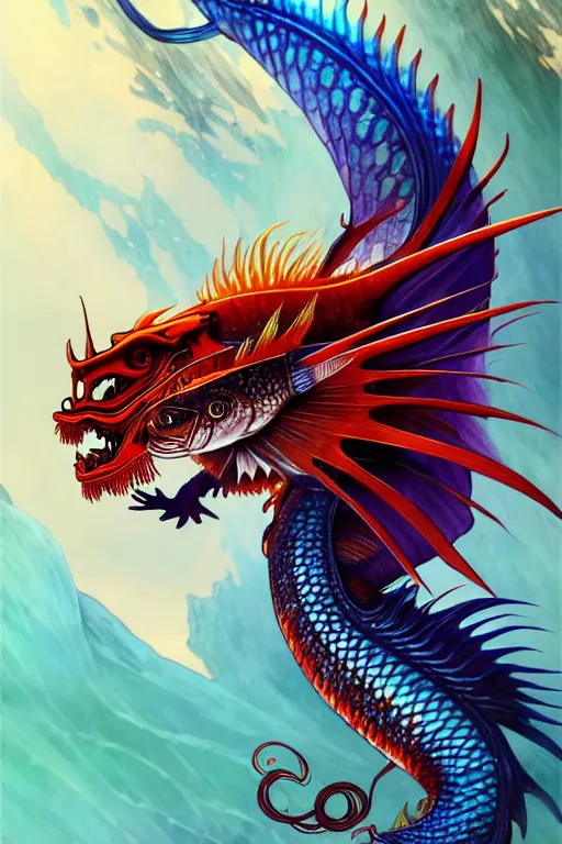 Prompt: a fish with a beautiful fin, chinese dragon concept art, d & d, highly detailed, digital painting, artstation, sharp focus, illustration, art by tan zi and ayanamikodon and alphonse mucha and wlop