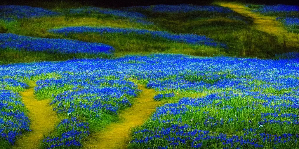 Image similar to ( * ) midnight, meadows on hills, blue flowers bloomed all over, glowing spores flying, photo, cinematic, 4 k, incredibly detailed, ephemere, feerique atmosphere contemplative