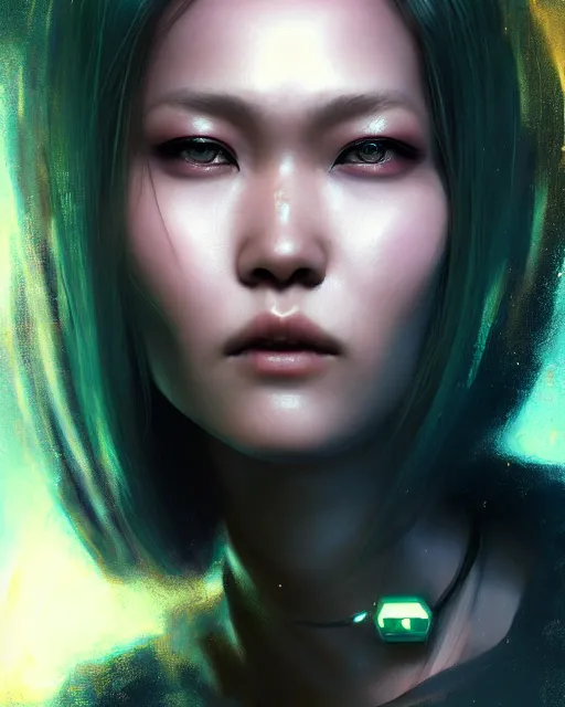 Image similar to detailed portrait Rinko Kikuchi, solarpunk futuristic utopia, scifi android, hair made of stars, by Darren Bartley Wojtek Fus Frederic Bennett, Perfect face, fine details, realistic shaded, fine-face, pretty face