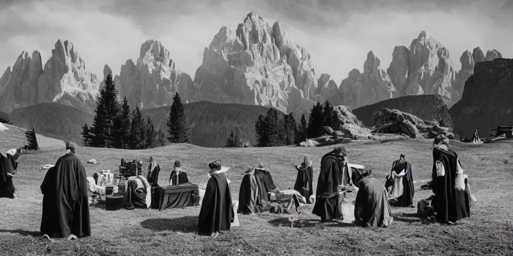 Prompt: 1920s photography of an occult ceremony and priests with hay coats and horns meeting with dolomites in the background, occult signs, wicca, alp, dolomites, alpine, detailed intricate insanely detailed octane render, 8k artistic 1920s photography, photorealistic, black and white, chiaroscuro, hd, by David Cronenberg, Raphael, Caravaggio