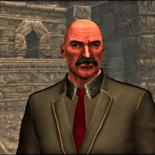 Prompt: Alexander Lukashenko wearing a suit and tie in Balmora in Elder Scrolls III: Morrowind, outdated 2002 Morrowind graphics, low definition, lowpoly