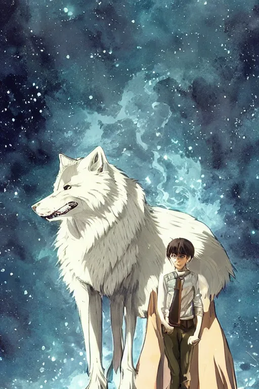 Image similar to a full moon and a white wolf glimmering stairways to otherworldly galaxies, high intricate details, rule of thirds, golden ratio, cinematic light, anime style, graphic novel by fiona staples and dustin nguyen, by beaststars and orange, peter elson, alan bean, studio ghibli, makoto shinkai