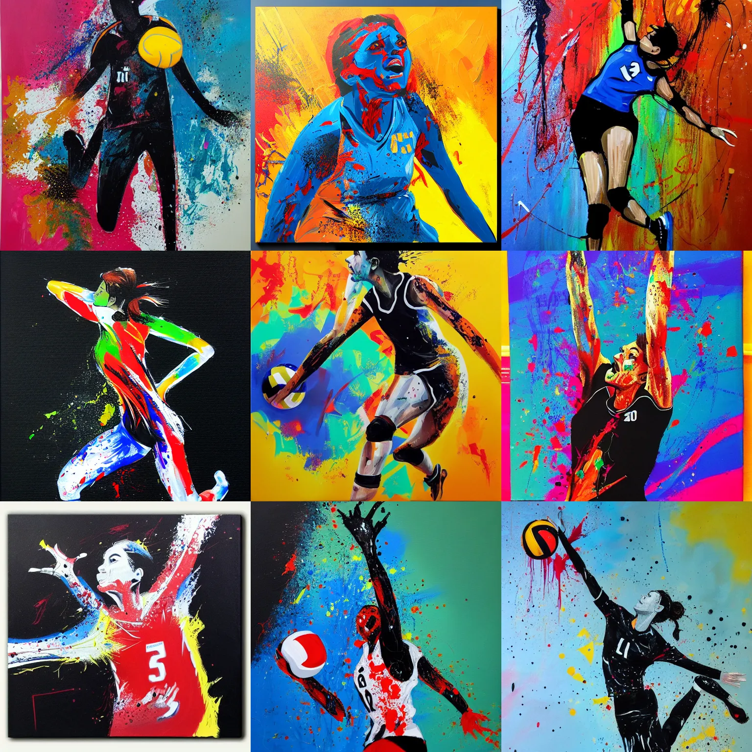 Prompt: volleyball player, fast action, acrylic on canvas, splattered paint, black background, trending on artstation