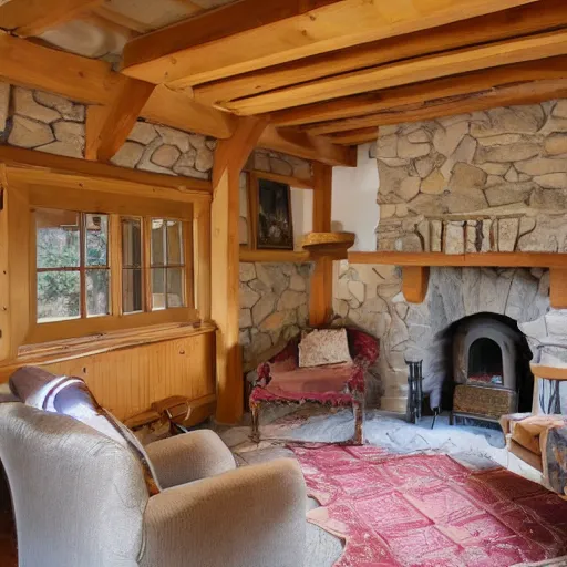 Prompt: photo of interior of historic cozy stone cottage, english and japanese, nature theme