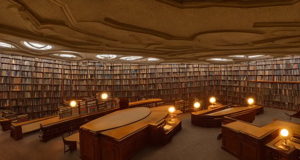 Prompt: an incredibly beautiful scene from a 2 0 2 2 marvel film featuring an art deco library in an arctic habitat. recessed lights. golden hour. 8 k uhd.