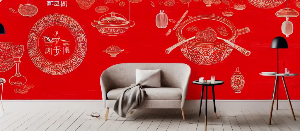 Image similar to a beautiful simple 4 k hd red wall paper illustration of roasted string hotpot, red wallpaper design, simple style, gourmet style, commercial kebab hotpot wallpaper display, wall painting, from china, with merchant logo, simple structure, surrealistic, chinese style, victo ngai, james jean, denoise, deblurring