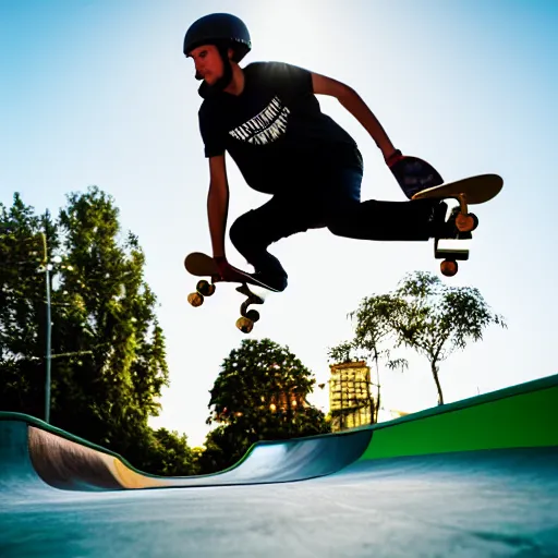 Image similar to professional photo of a skateboarder performing a grab trick, focused on brightly colored deck, 8 k, bright ambient lighting key light, 8 5 mm f 1. 8