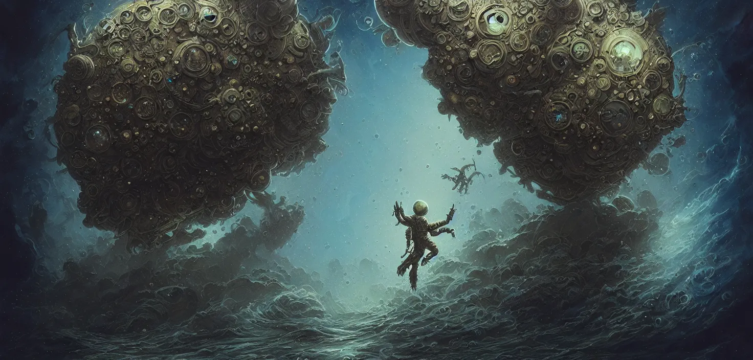 Image similar to close up shot of a full body floating astronaut portrait water elemental, james gurney, peter mohrbacher, mike mignola, black paper, mandelbulb fractal, trending on artstation, exquisite detail perfect, hyper detailed, intricate ink illustration, black background, trending on artstation, by jordan grimmer, huge scene, art greg rutkowski