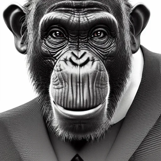 Image similar to a high detail shot of a chimp wearing a suit, smoking, render, cgsociety, photorealism