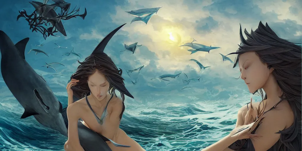 Image similar to close up of a extremely beautiful and aesthetic shark tooth and shark fin girl holding a symmetrical trident on the horizon, perfect face, symmetrical eyes, model pose, slightly smiling, sun set, big wave, big blade whale fighting against thorn sharks flying on the background, epic scene, fantasy illustrations, by peter mohrbacher and makoto shinkai and ferdinand knab